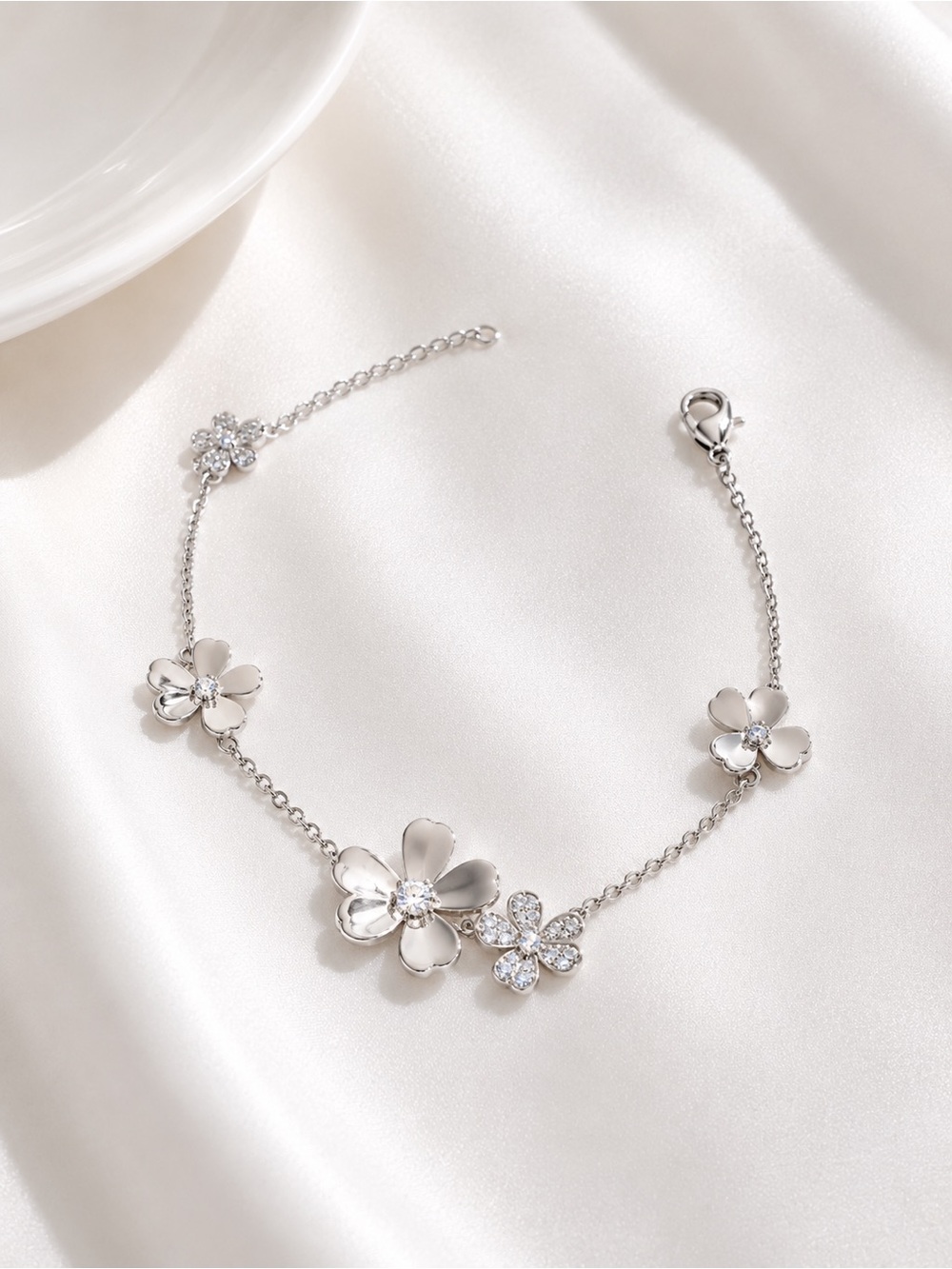 Silver Floral Crystal Bracelet - Elegant Women Jewelry